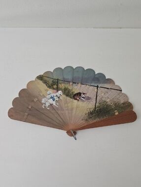 Vintage Hand Painted Wood Folding Fan Dogs & Cat Scene